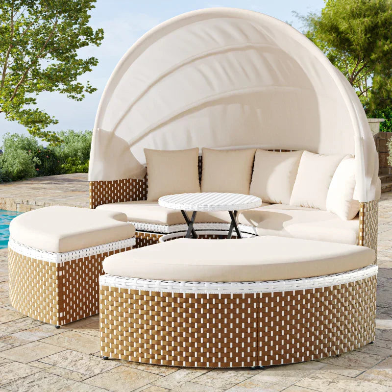 Salon Jardin Rond Parasol - 4 Pièces Résine Tressée Table Relevable