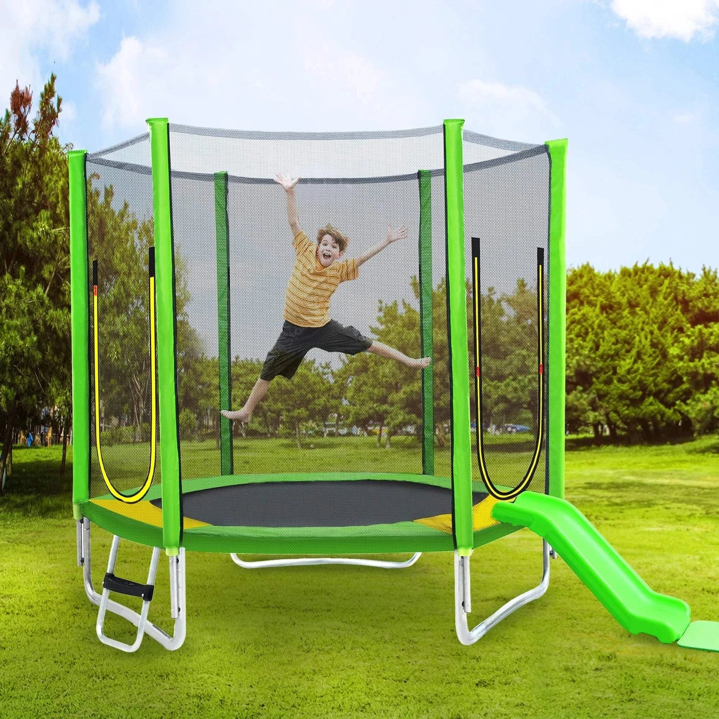 Trampoline 213cm Enfant Toboggan Échelle | Filet Sécurité 100kg | Trampoline Jardin Complet