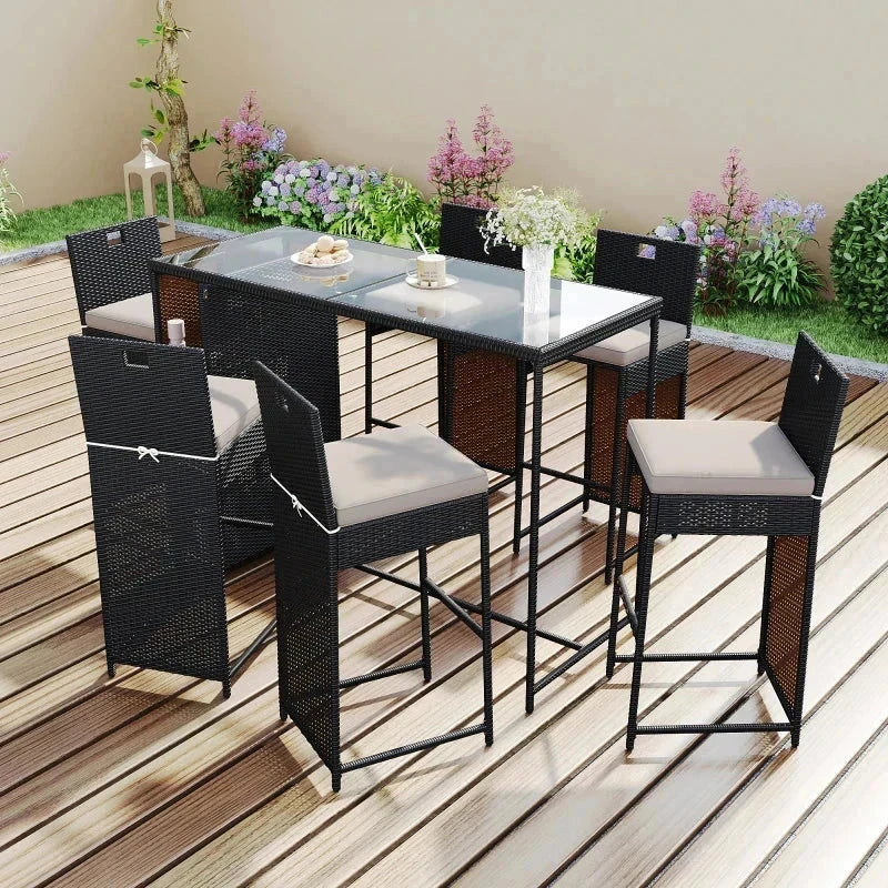 Salon de Jardin Bar 7 Pièces - Polyrattan Noir/Marron + Coussins + Plateau Verre