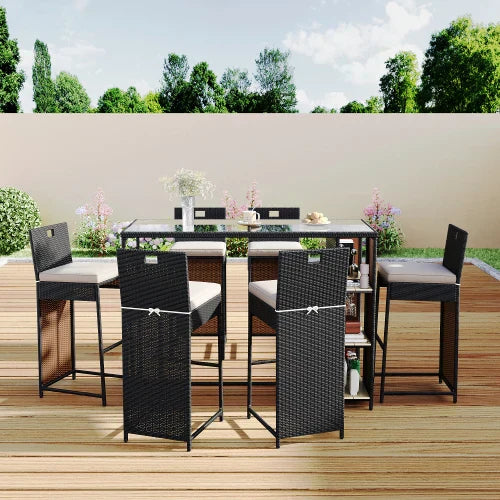 Salon de Jardin Bar 7 Pièces - Polyrattan Noir/Marron + Coussins + Plateau Verre
