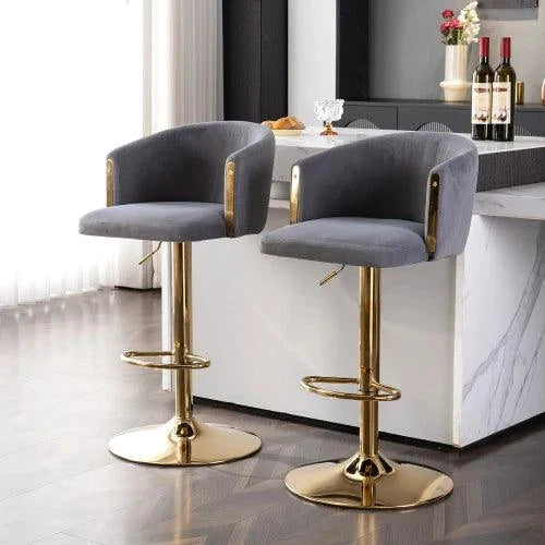 Grey Velvet Adjustable Bar Stools - Variable Height 62-84cm Set of 2