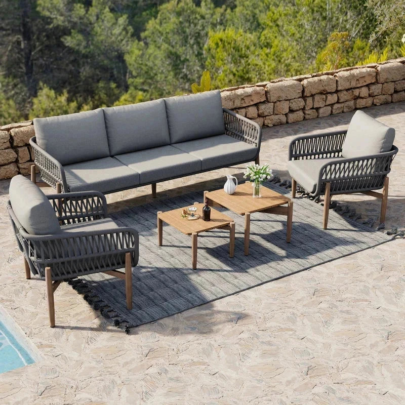 Salon Jardin Lounge 5 Pièces - Canapé 3 Places + Fauteuils Tables WPC Gris