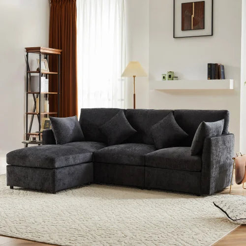 Canapé Tissu 3-4 Places - Angle L avec Pouf Mobile Chenille Confortable