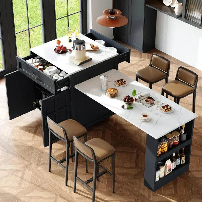 Black extendable bar table with white marble top, storage compartments, and side shelves for kitchen dining.