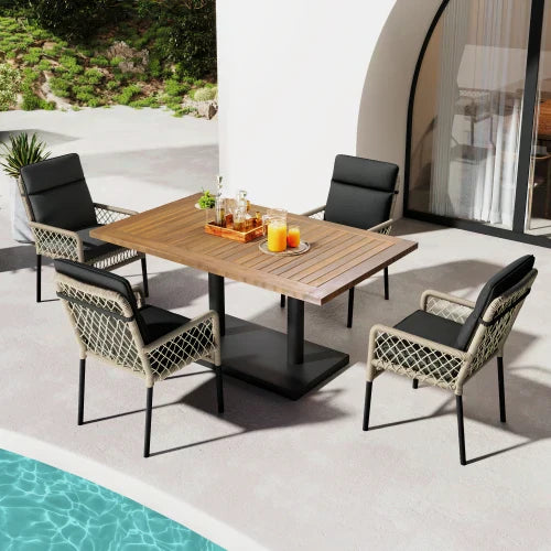 Salon de Jardin 4 Personnes - Table Acacia + 4 Chaises Rotin PE - Set 5 Pièces