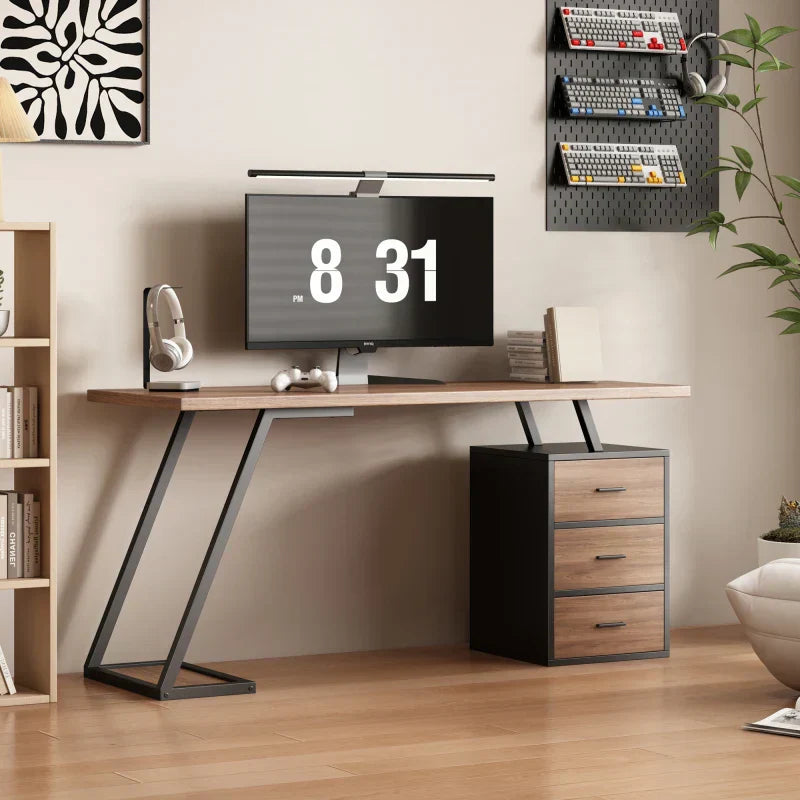 Bureau Design 140cm - 3 Tiroirs Rails Amortis Style Moderne Bois Métal