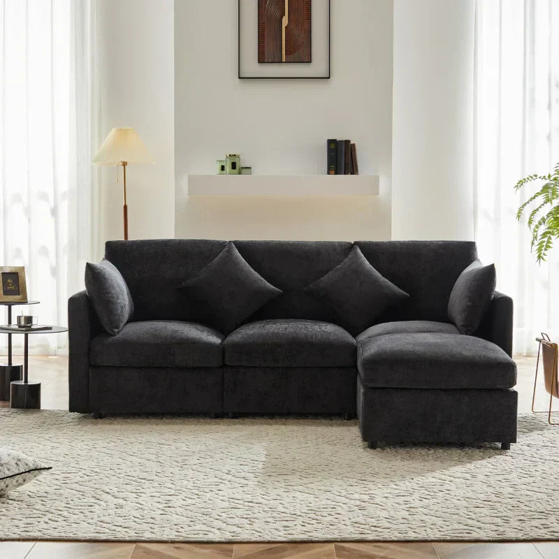 Canapé Tissu 3-4 Places - Angle L avec Pouf Mobile Chenille