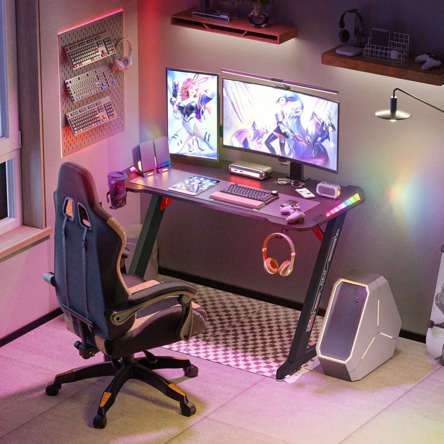 Bureau gaming 140x60x78cm avec LED RGB dynamique, plateau en fibre de carbone et pieds métal, capacité 150kg.