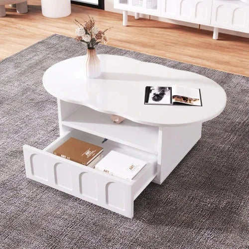 Table basse forme nuage unique avec tiroirs intégrés et compartiments rangement ouverts. Design artistique moderne Safb5a9d5784f40549cbb40647fdde251j