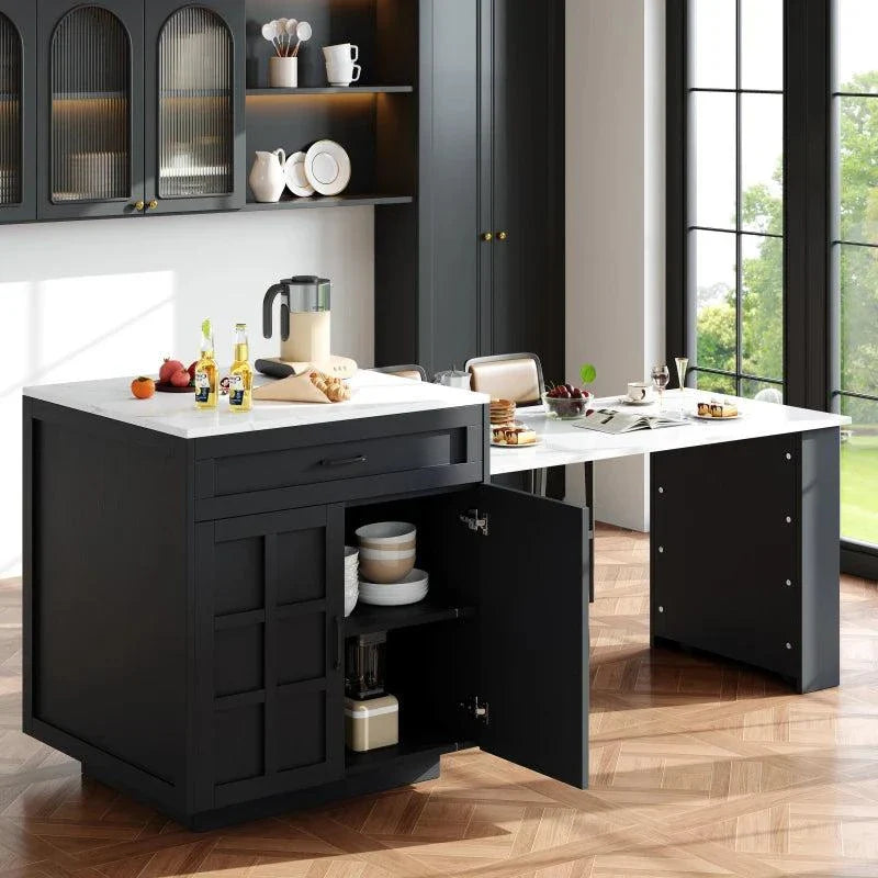 Table Bar Extensible 133-202cm avec Rangement - Îlot Central Cuisine Moderne Noir