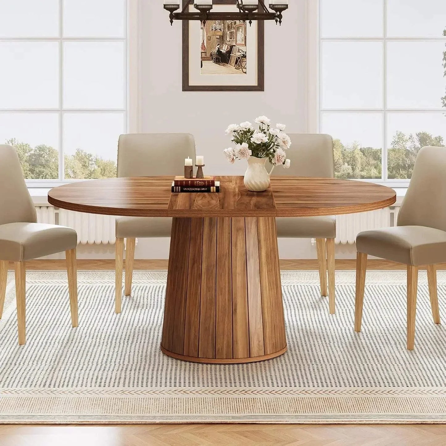 Table à Manger Ovale 6 Personnes | Style Farmhouse Rustique | 140cm Pied Central Design