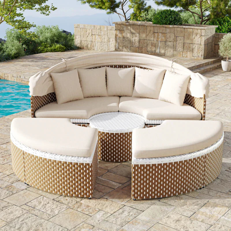 Salon Jardin Rond Parasol - 4 Pièces Résine Tressée Table Relevable