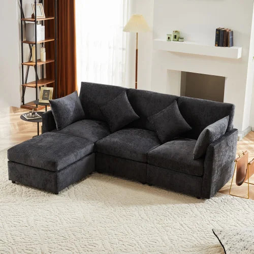 Canapé Tissu 3-4 Places - Angle L avec Pouf Mobile Chenille Confortable