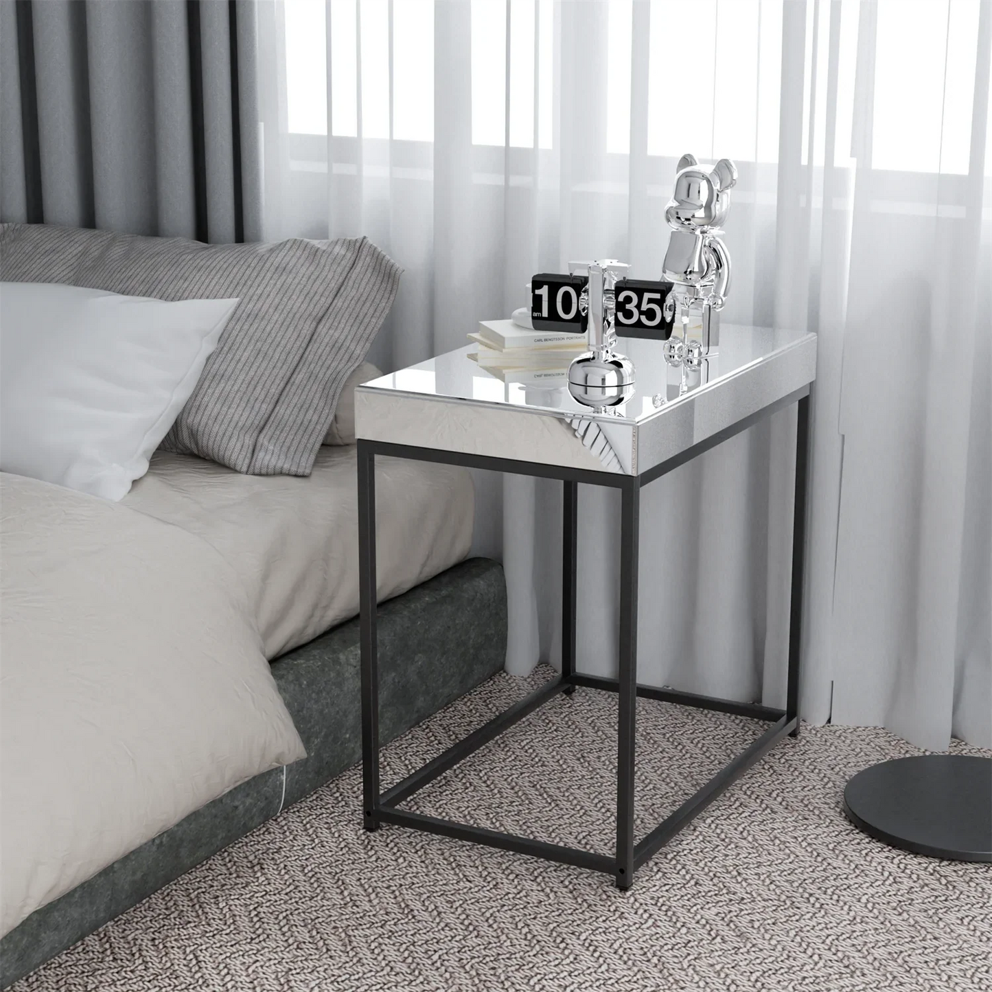 Table de Chevet Miroir Argenté 58x35x59cm - Plateau Verre Design Sc83472bdf2b246da83f3d1fbdf479f23S