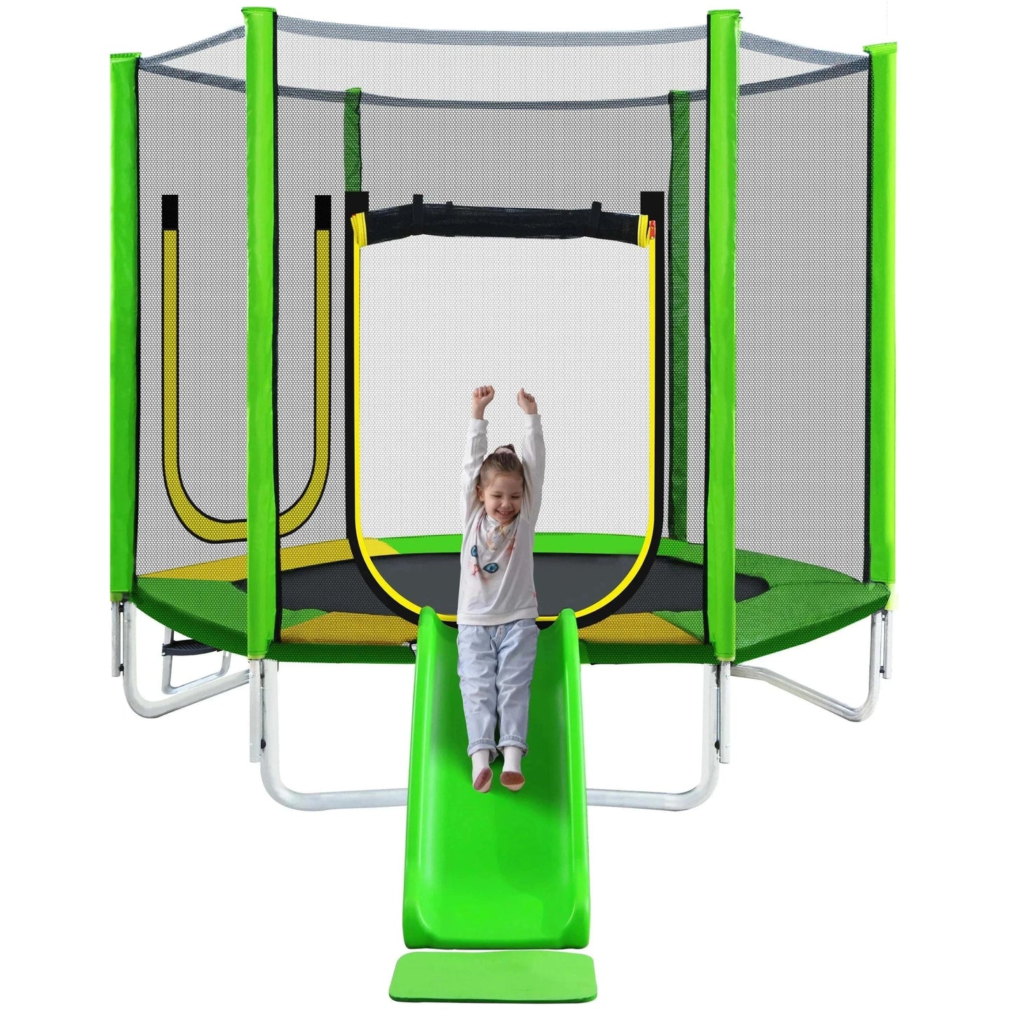 Trampoline 213cm with green slide, safety net, ladder, and padding with child sliding down in garden playset
