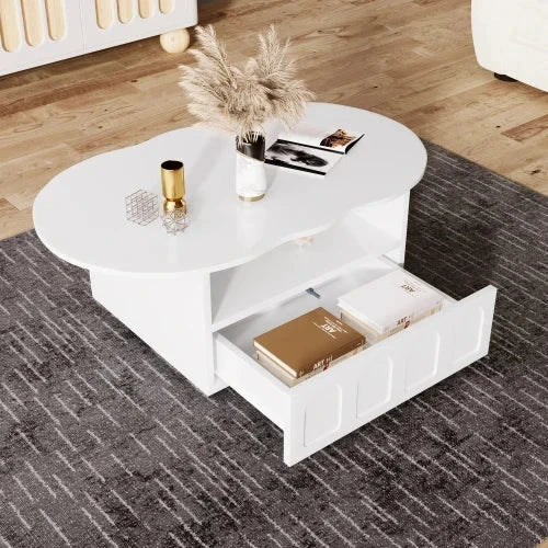 Table basse forme nuage unique avec tiroirs intégrés et compartiments rangement ouverts. Design artistique moderne Scfce5f23e3b84f69a6113ca064c6d3143