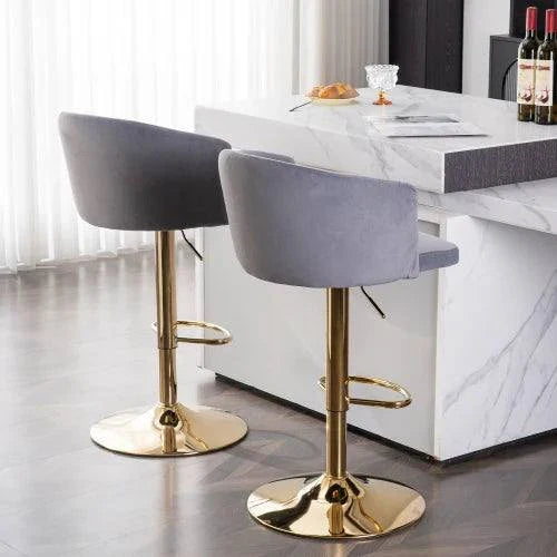 Grey Velvet Adjustable Bar Stools - Variable Height 62-84cm Set of 2
