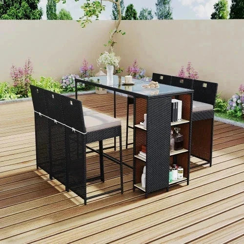 Salon de Jardin Bar 7 Pièces - Polyrattan Noir/Marron + Coussins + Plateau Verre