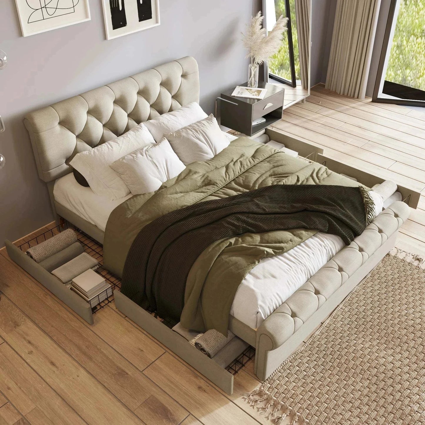 140x200cm Storage Bed with 4 Drawers - Adjustable Linen Chesterfield Headboard