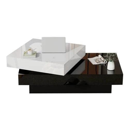 Moderner schwarz-weißer drehbarer Couchtisch – zweistufige drehbare Platte 100 x 60 cm