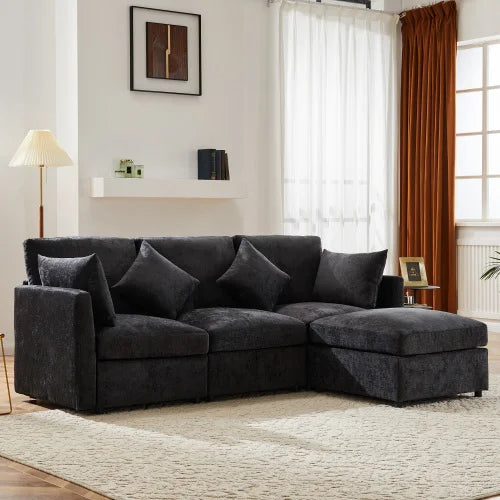 Canapé Tissu 3-4 Places - Angle L avec Pouf Mobile velours