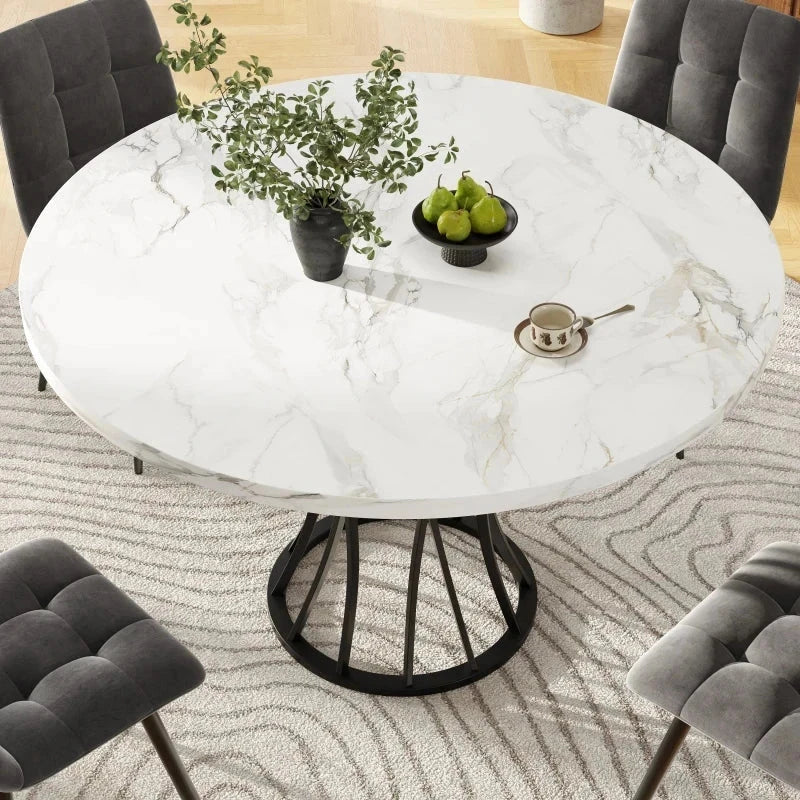 Table Ronde 80cm - Marbre - 4-6 Personnes - Pieds Noirs Design Moderne