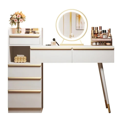 Coiffeuse LED Miroir 6 Tiroirs - Plateau Extensible Poignées Or & Blanc