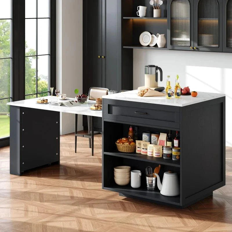 Table Bar Extensible 133-202cm avec Rangement - Îlot Central Cuisine Moderne Noir