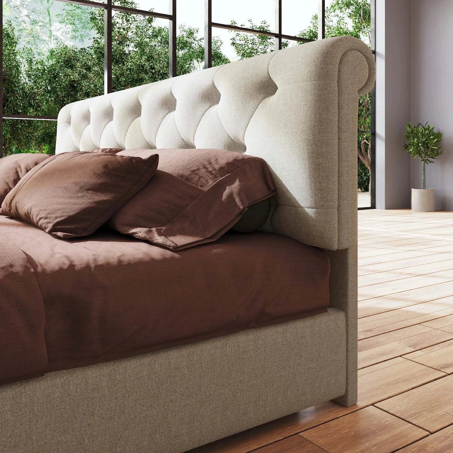140x200cm Storage Bed with 4 Drawers - Adjustable Linen Chesterfield Headboard