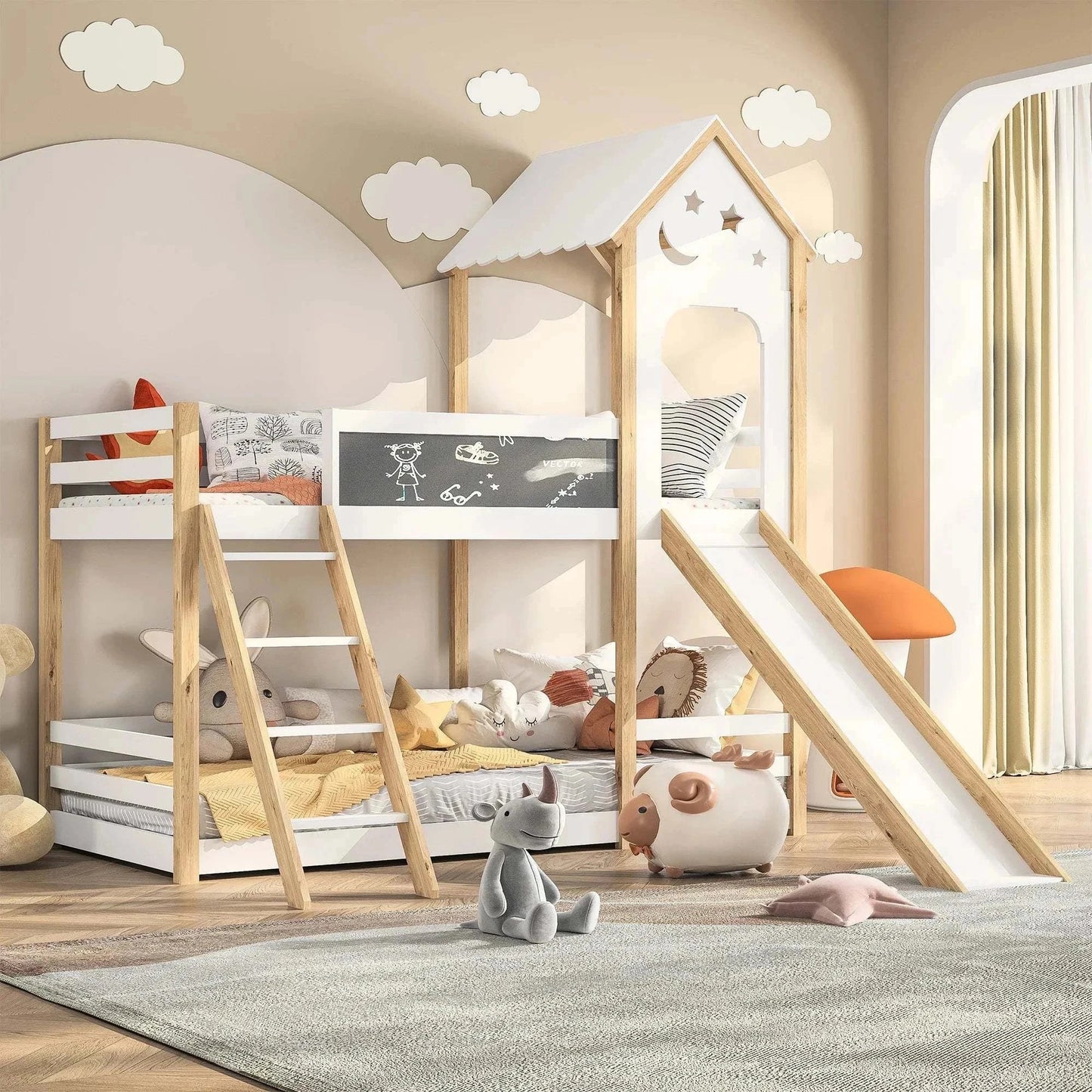 Lit Superposé Enfant Toboggan | Escalier + Tableau | Bois Blanc | 90x200cm | Avec Glissière
