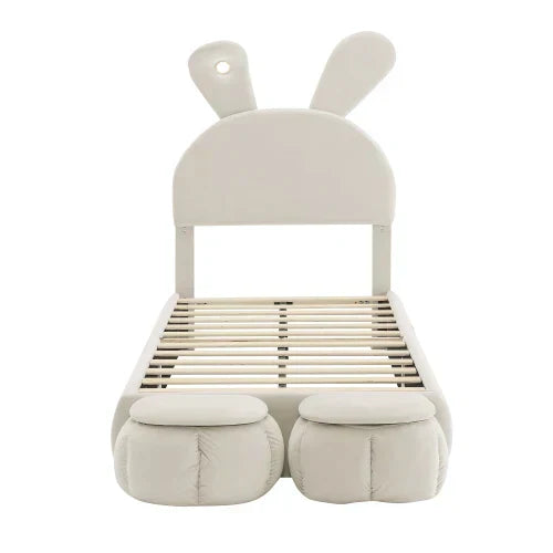 Lit Enfant Oreilles Lapin 90x200 - LED Réglable 2 Poufs Rangement