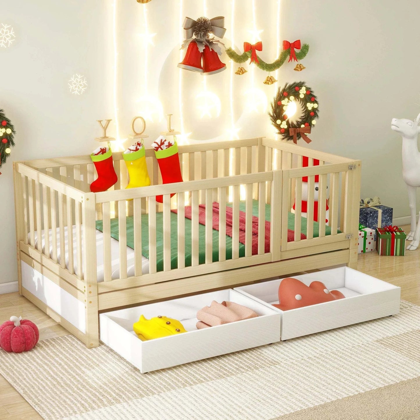 Children's bed 90x200 with storage drawers and removable barrier