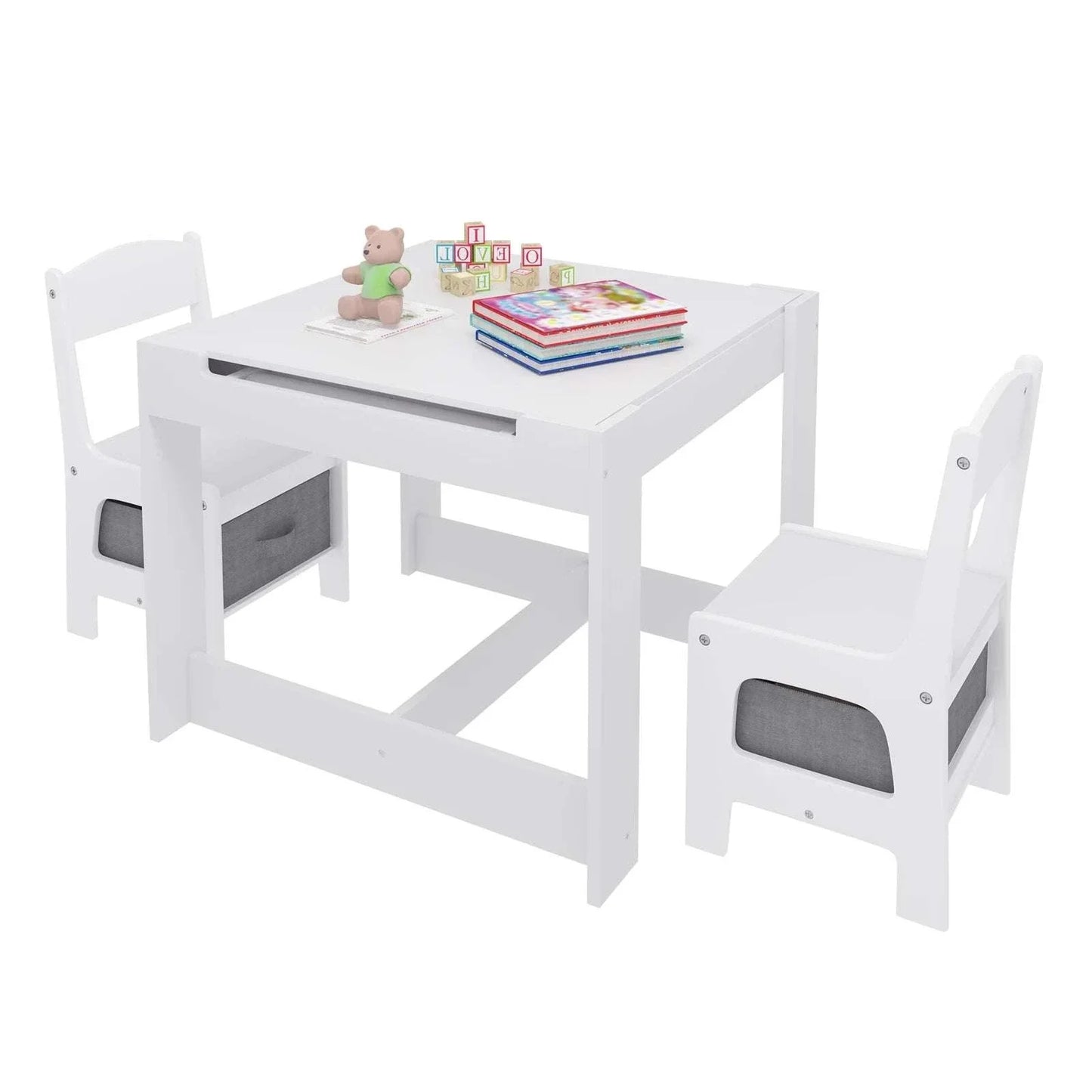 White Children's Desk + 2 Chairs | Storage Basket | Reversible Board | Preschool Age