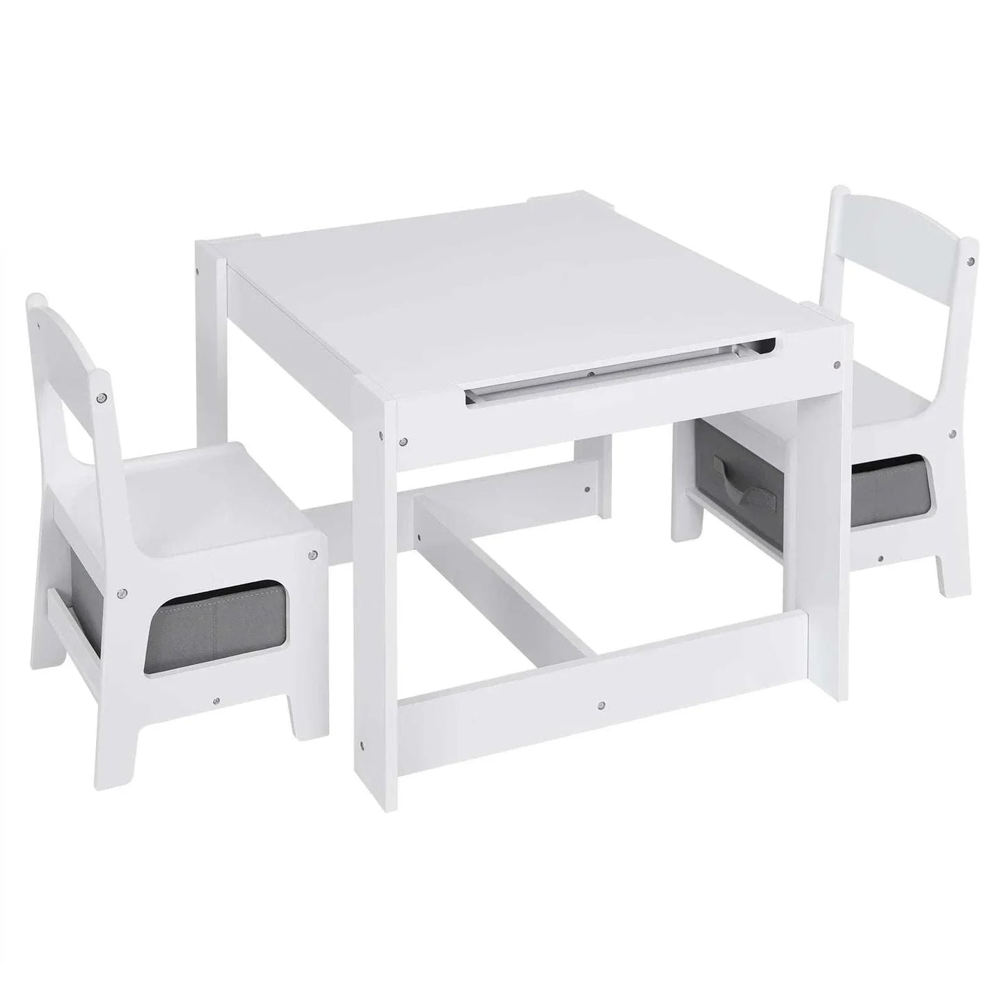 White Children's Desk + 2 Chairs | Storage Basket | Reversible Board | Preschool Age
