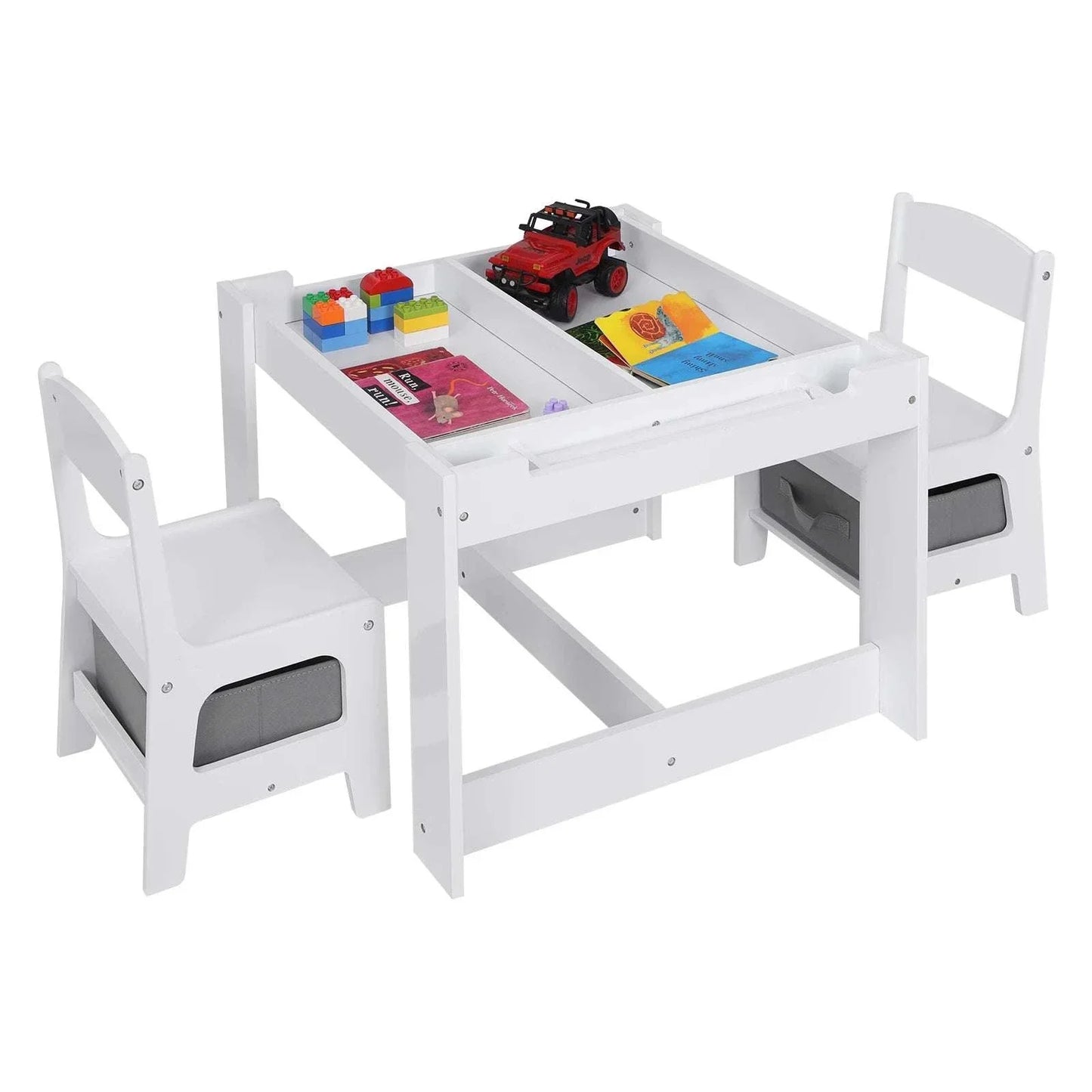 White Children's Desk + 2 Chairs | Storage Basket | Reversible Board | Preschool Age