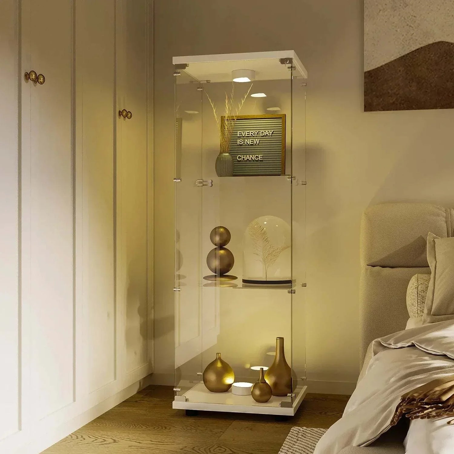 Elegant glass Vitrine LED 3 Étages with premium lighting showcasing decorative items in a modern living room setting