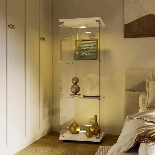 Elegant glass Vitrine LED 3 Étages with premium lighting showcasing decorative items in a modern living room setting