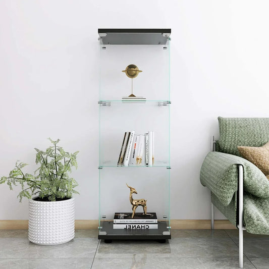 Three-tier tempered glass vitrine d'exposition display cabinet showcasing decorative items in modern living room setting