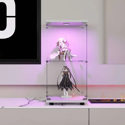 Modern 2-tier LED display cabinet with integrated lighting and tempered glass showcasing collectible figurines
