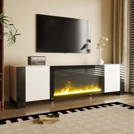 Modern black and white glossy TV stand with decorative LED electric fireplace and realistic flame effect