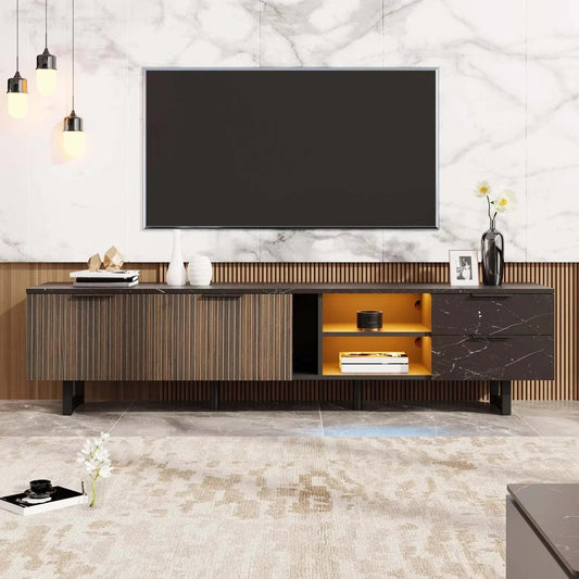 Modern black marble effect TV cabinet with LED lighting, 2 doors, and 2 drawers for stylish storage.
