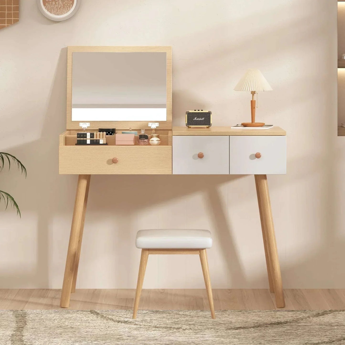 Wooden dressing table with mirror and drawers, cosmetic storage furniture, 100x78x40cm, modern minimalist design with stool and lamp