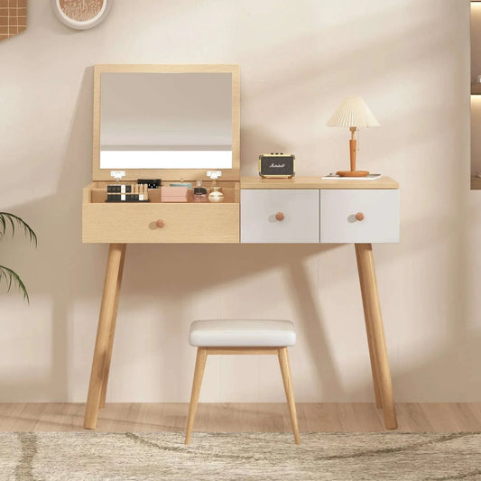 Wooden dressing table with mirror and drawers, cosmetic storage furniture, 100x78x40cm, modern minimalist design with stool and lamp