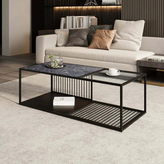 modern black glass coffee table with open storage and metal frame in contemporary living room