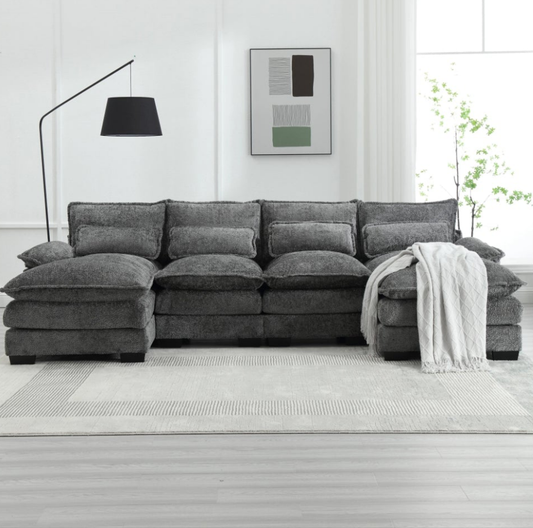 Canapé U en velours gris moderne & confortable. 