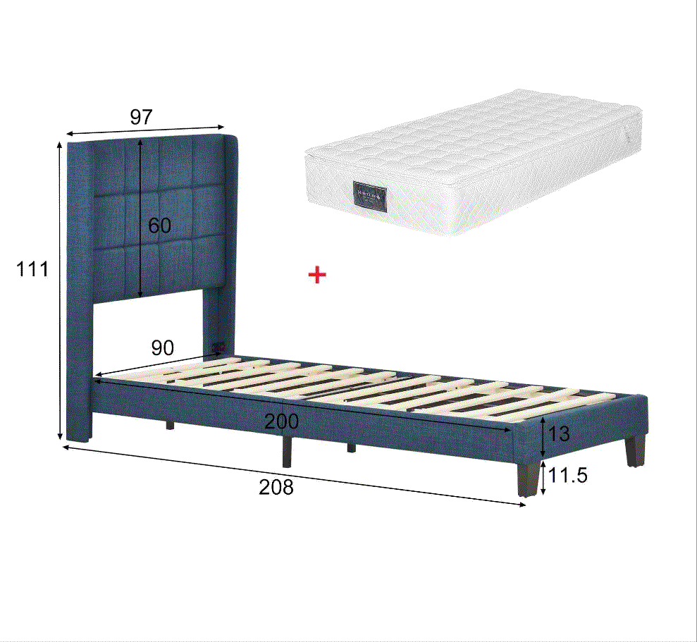 Lit Simple 90x200cm avec Matelas Ressorts - Tête de Lit Capitonnée Lin Bleu