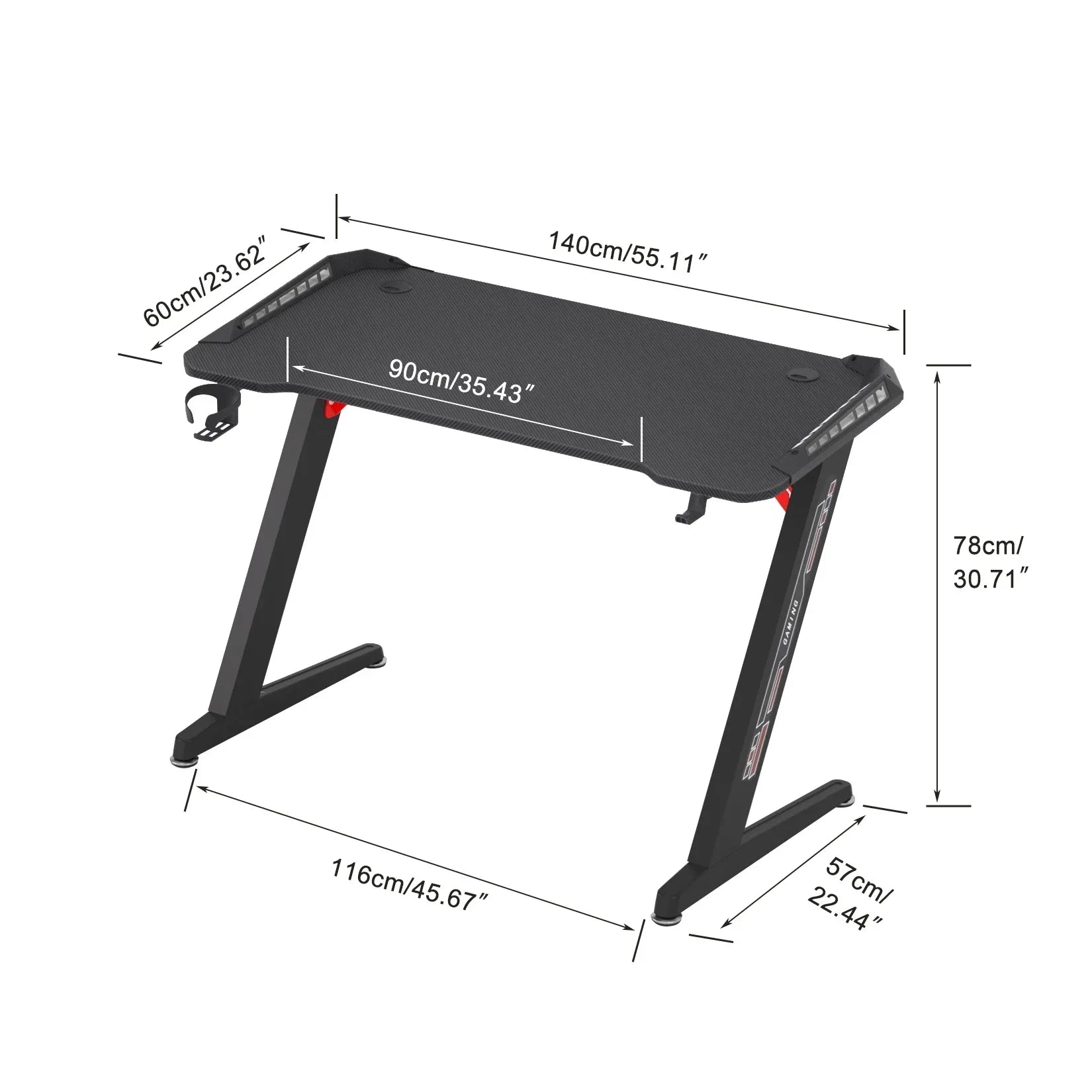 Bureau gaming 140x60x78cm en fibre de carbone avec LED RGB dynamique et pieds métal.
