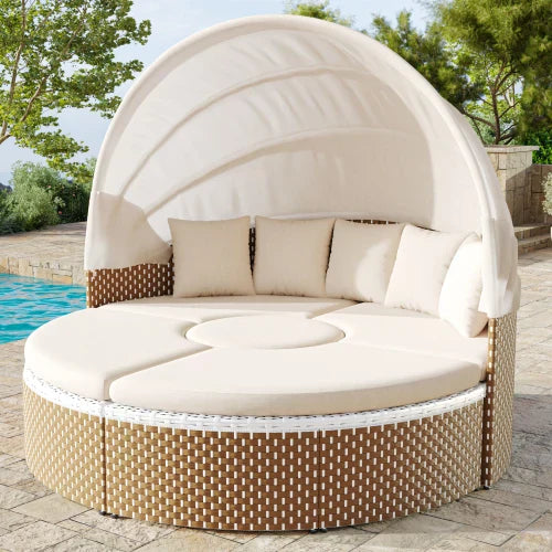 Salon Jardin Rond Parasol - 4 Pièces Résine Tressée Table Relevable 
