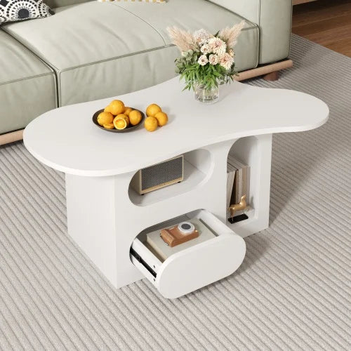Table Basse Nuage Tiroirs - Rangement Ouvert Design Créatif Blanc 