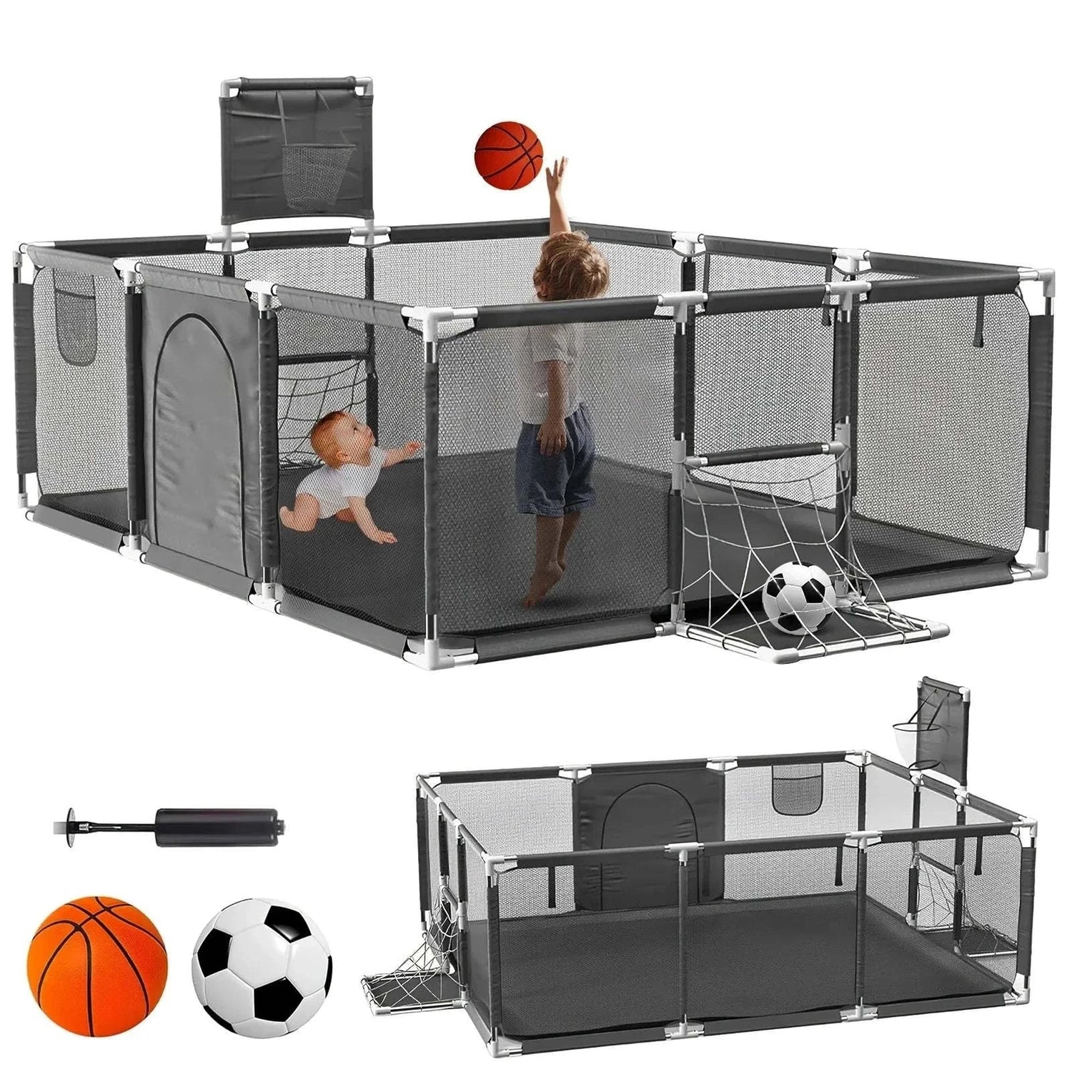 Foldable baby playpen 182x122cm with basketball hoop, non-slip base, and secure enclosed play area for children.
